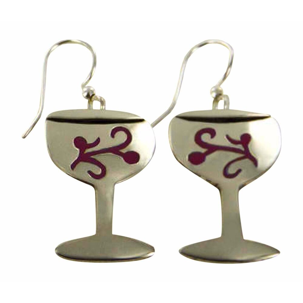 Far Fetched Mima Oly Cabernet Vine Wine Glass Dangle Earrings Silver-Plated